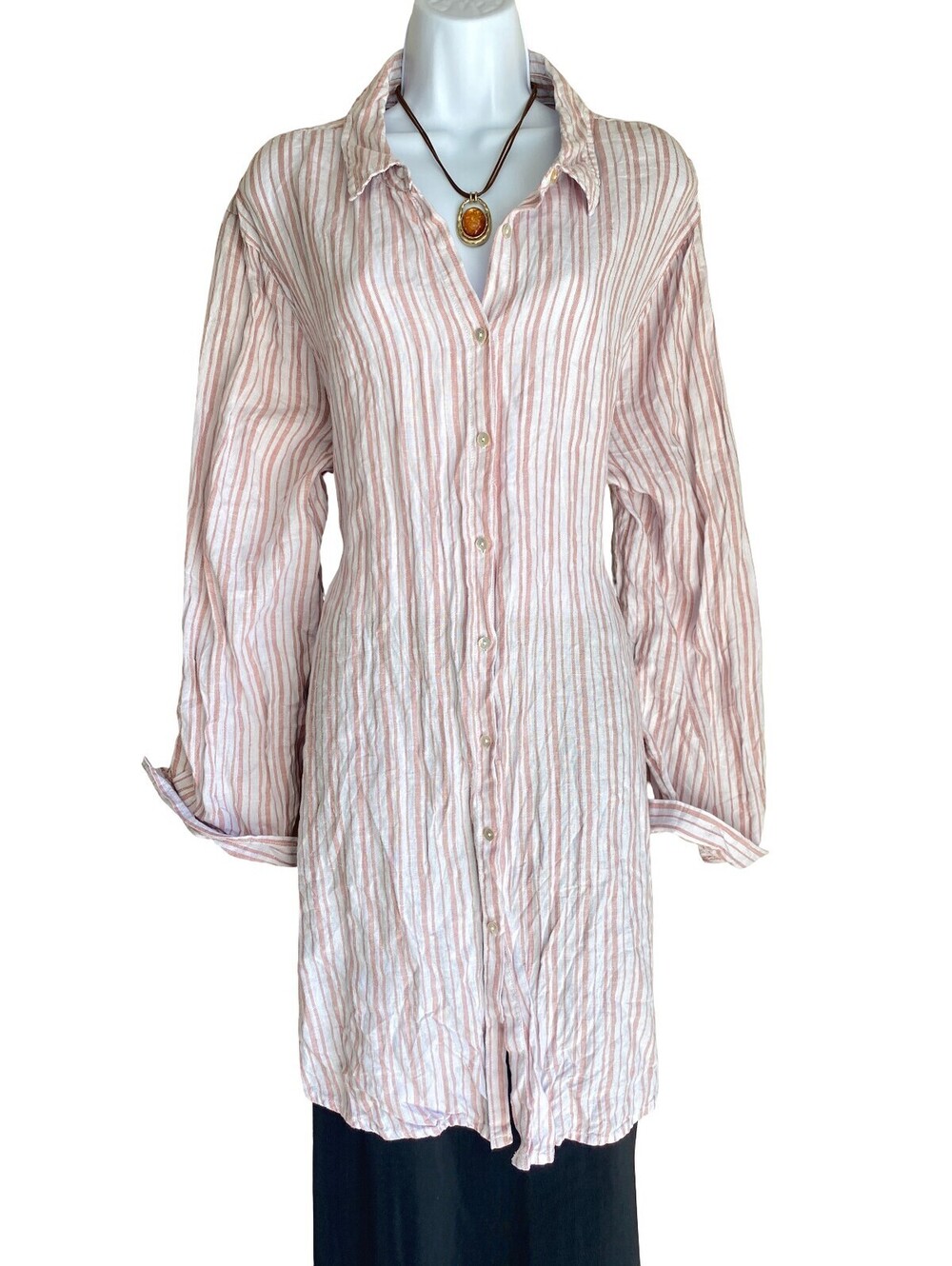 VTG Jones & Co Plus 3X Linen Striped Tunic Blouse Button Up Fall Casual Office